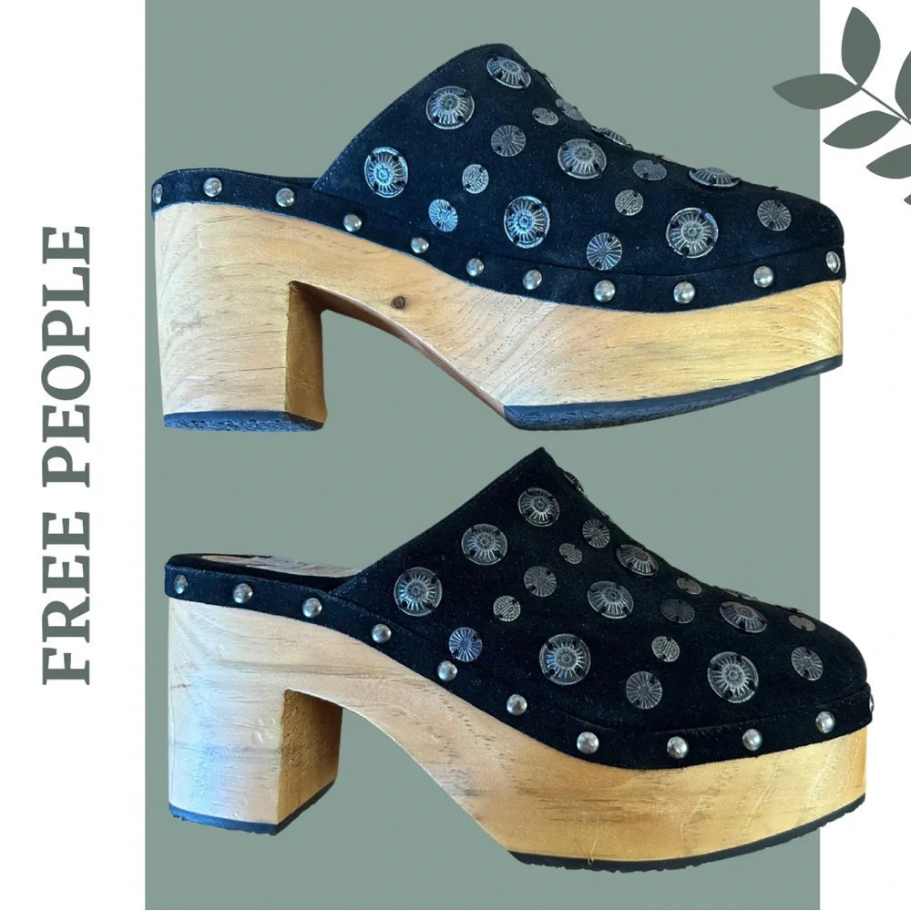 Free People Claudia Wooden Platform Clogs Black Suede Metal Detail Size 41